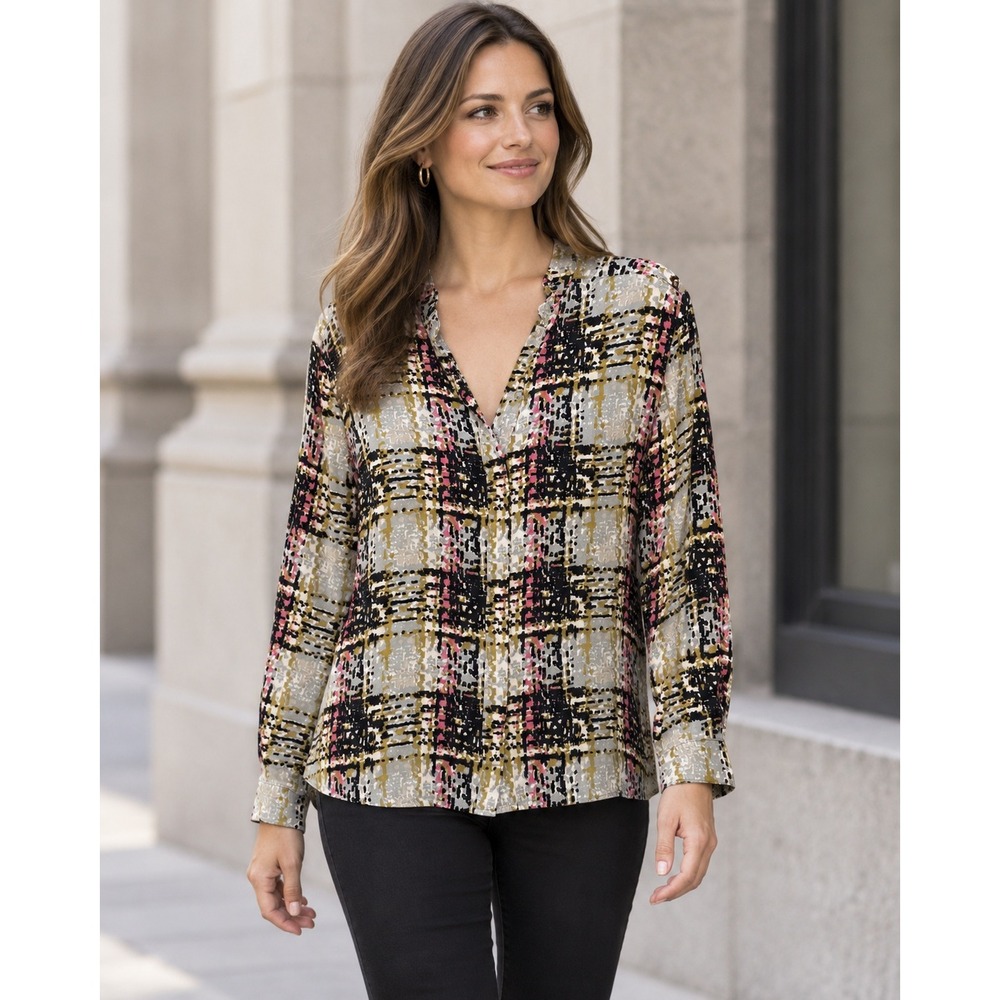 See By Chloe Blouse Women's 6 Abstract Plaid Split Neck Oversized Pink Yellow